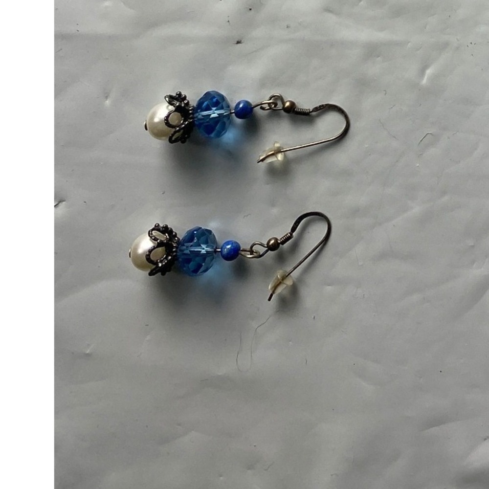 Blue Crystal Bead Dangle Earrings Silver‎ Tone Hook Ear Wires Women Jewelry
